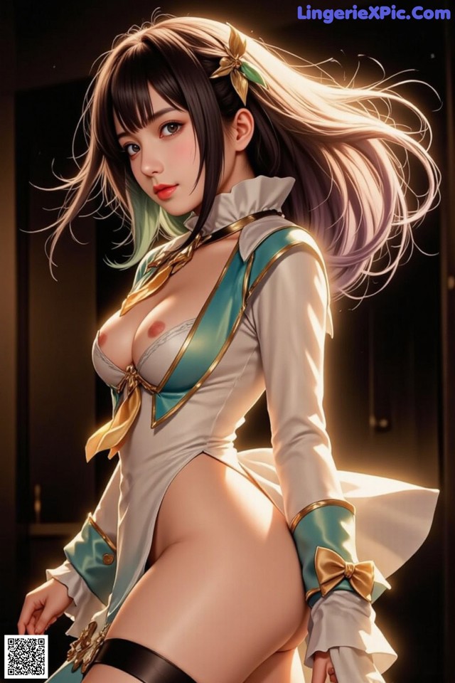A woman in a white and blue outfit is posing for a picture.