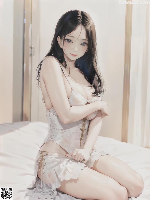 A woman sitting on top of a bed in lingerie.