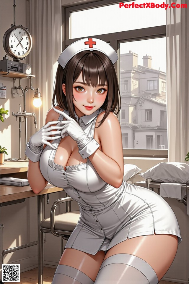 A woman in a nurse outfit sitting at a desk.