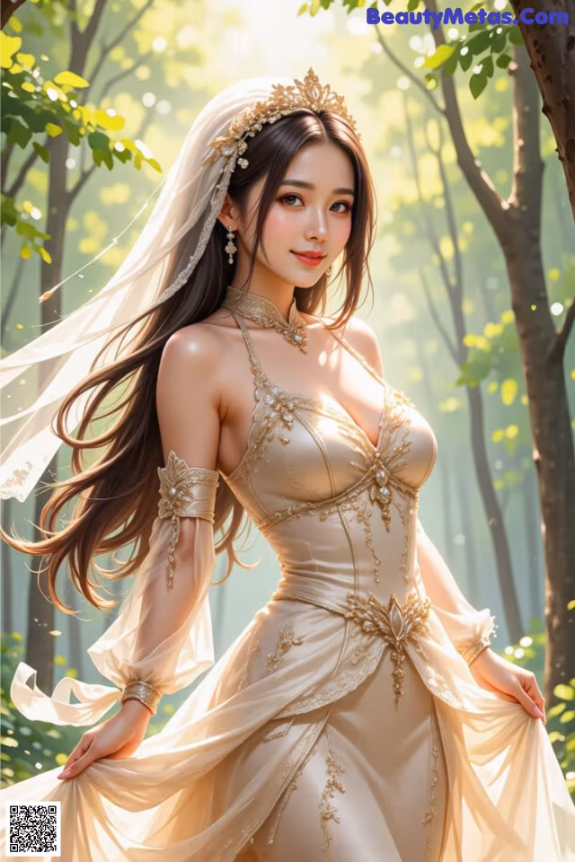 A woman in a wedding dress standing in the woods.