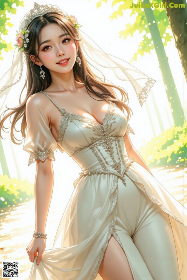 A woman in a wedding dress with a flower crown on her head.