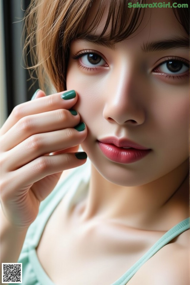 A woman with a green manicure on her nails.