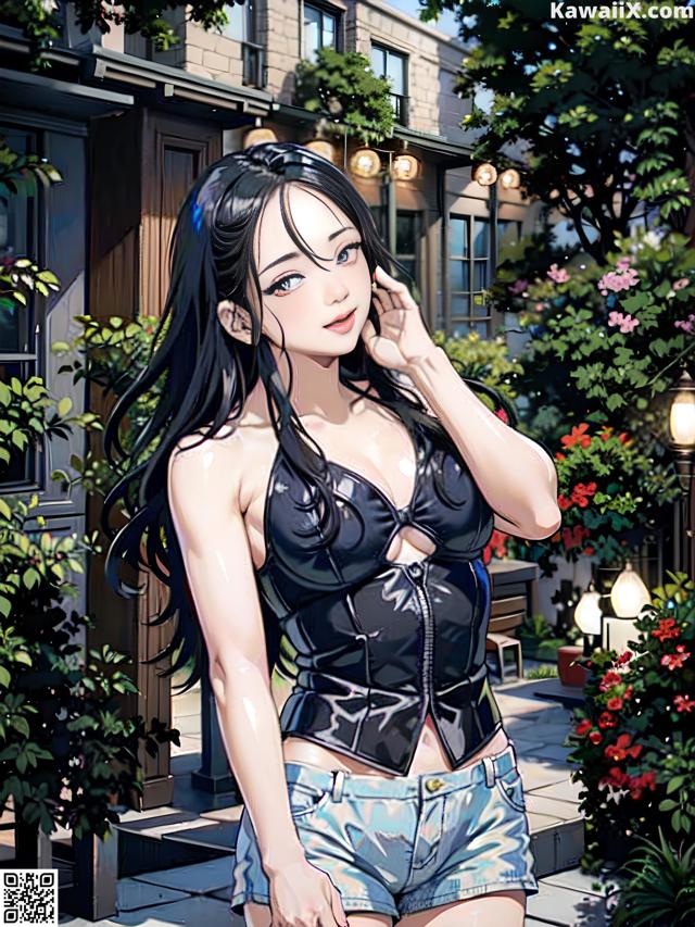 A woman in a black top and denim shorts talking on a cell phone.